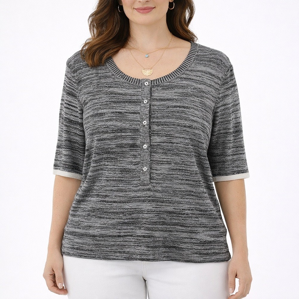 A.L.C. Women XL Grey Space Dye Ribbed Knit Henley Top Elbow Sleeve Quiet Luxury